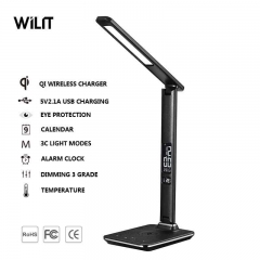 2020 LED office desk lamp folding arm with 5w wireless charger and calendar display indoor use